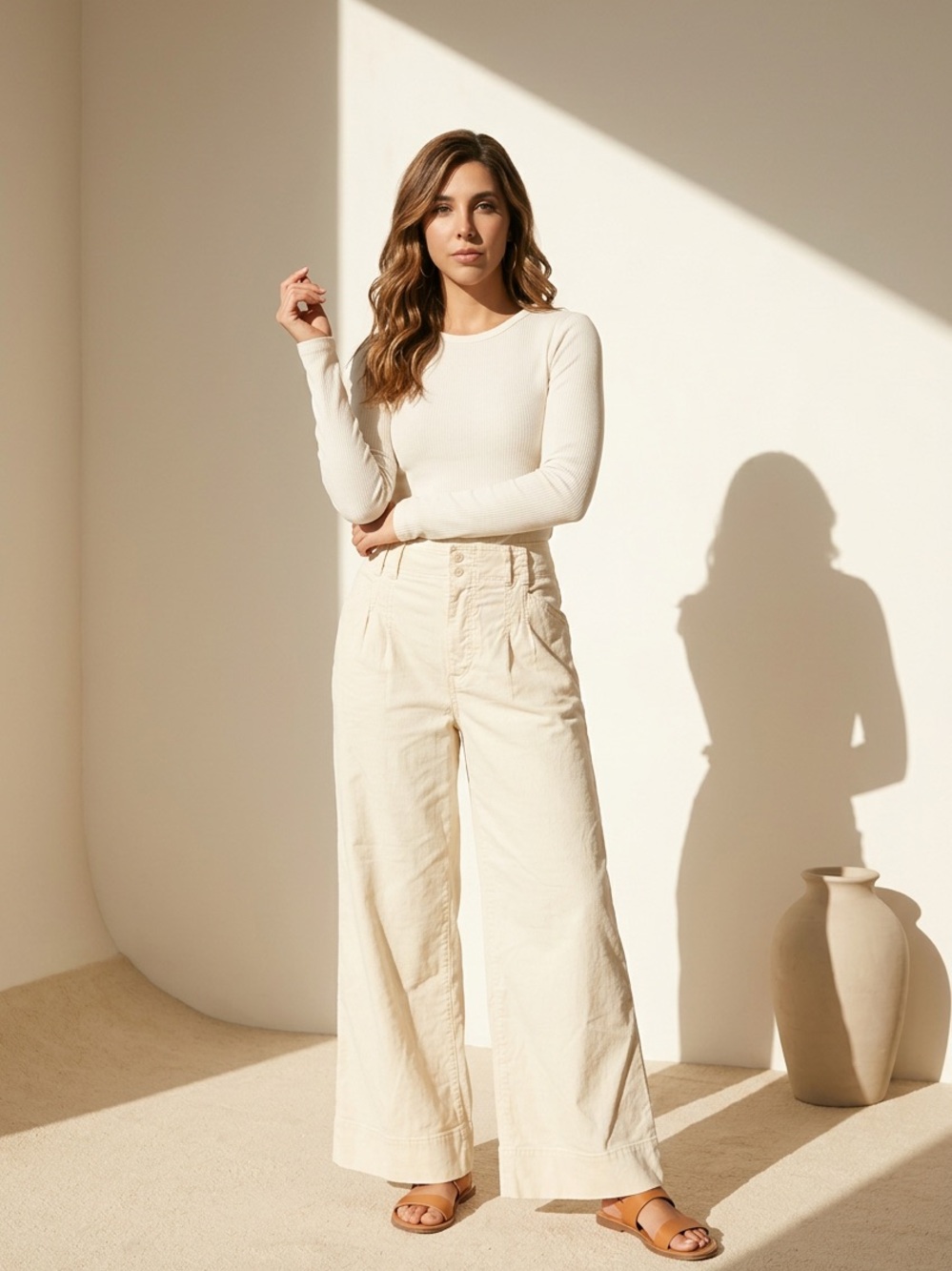 Anthropologie Women's Cream High-Waist Wide-Leg Pants Size 32 Waist